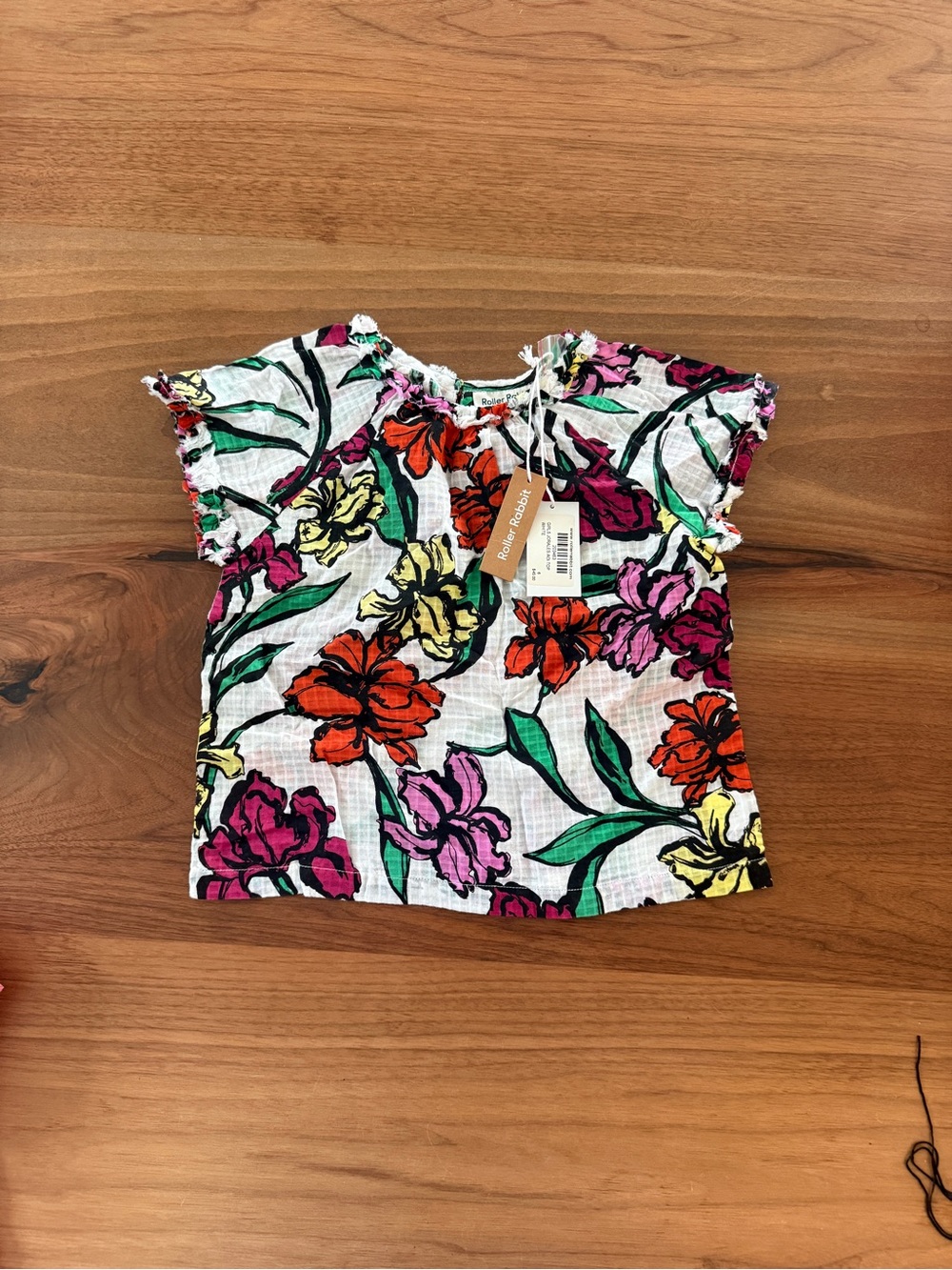 Roller Rabbit White Floral Smocked Top with Pink, Orange, Yellow & Green Accents